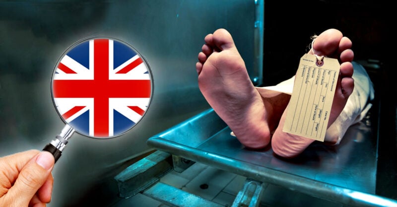 Feet on a morgue table with a magnifying glass and UK flag