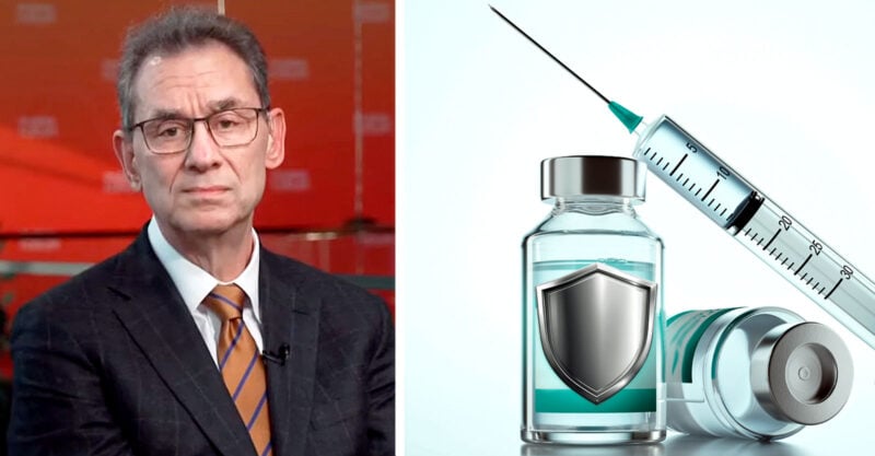 Pfizer's Bourla and vaccine bottle with shield on it