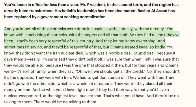 Black text on white background displays a transcribed interview excerpt where the speaker discusses being in office for less than a year in a second term and regional transformations including decimated Hezbollah leadership and replacement of Bashar Assad by a new government. The text mentions attacks seeking normalization and Israels respectful stance with the country while sharing information. It covers discussions on a nuclear deal with Iran described as horrible and Israels deal that gave them advantages. The transcript notes surprise that certain actions were not pulled off and references to pulling it off when leaving ensuring something was not its sort. Further text talks about getting on with Iran suggesting stretching off little and warnings against it followed by mentions of Iran and other sides going right now of nations leading to all having nuclear weapons at high level. The text concludes with statements on having nuclear weaponized and no talk of nuclear Iran.